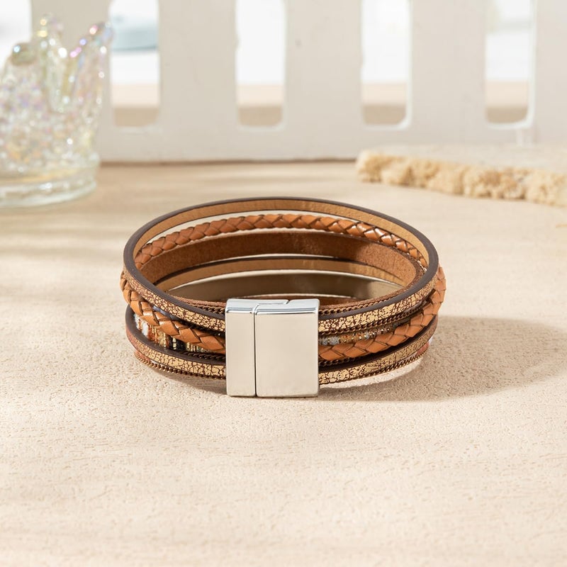 Rantanto Braid Leather Wrap Bracelet Trendy Stackable Crystal Cuff Boho Gold Heart Bracelet Jewelry Gift For Women - Image 5